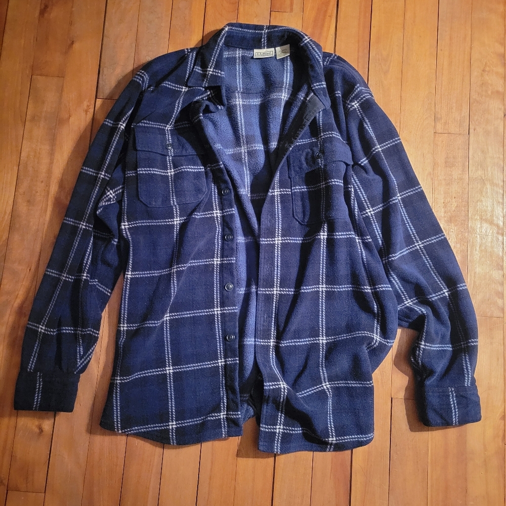 Mens L.L. Bean Dark Blue Plaid Fleece Flannel